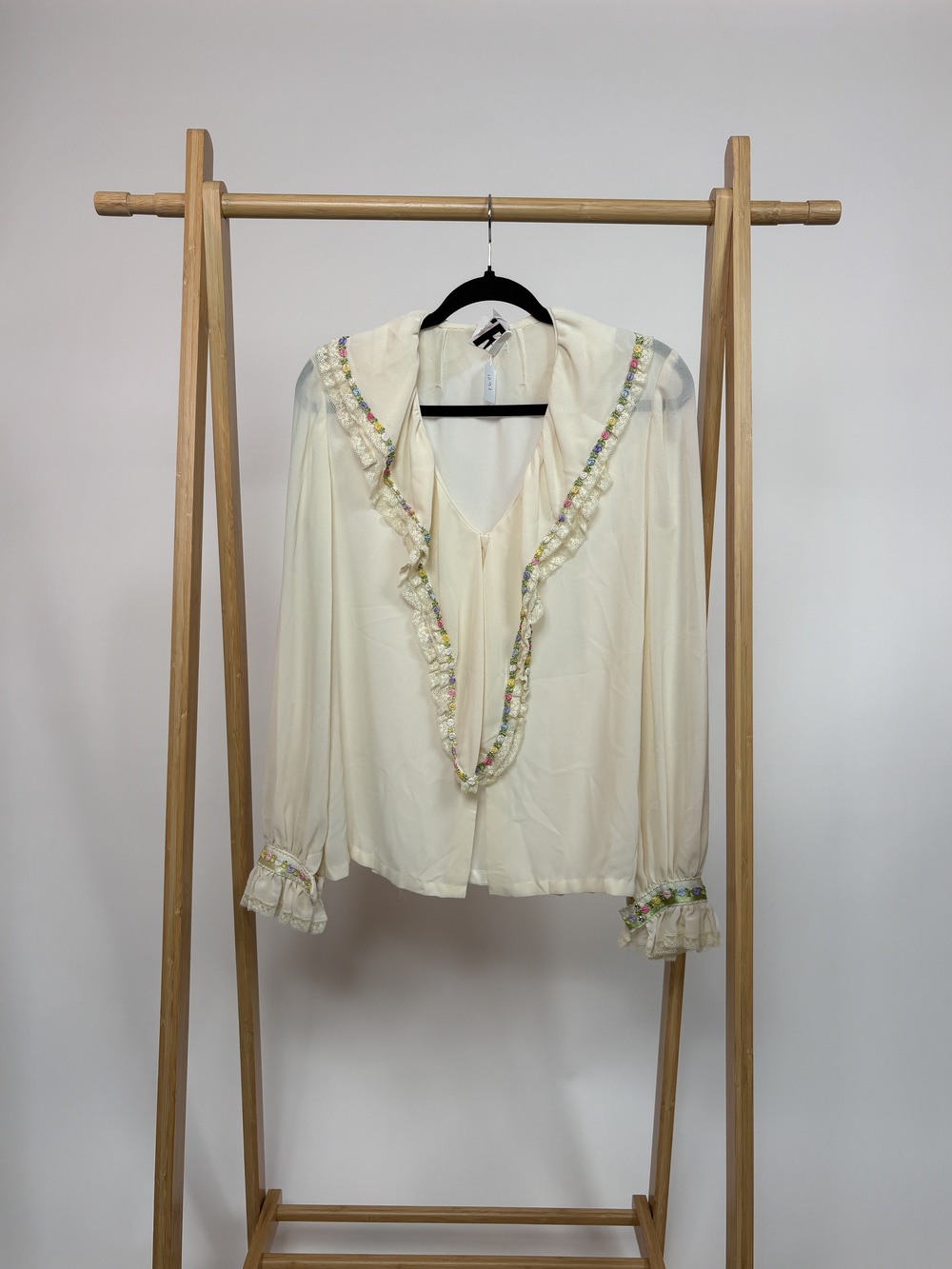 PF-1293 Floral Embroidered Cream Sheer Top with Ruffles